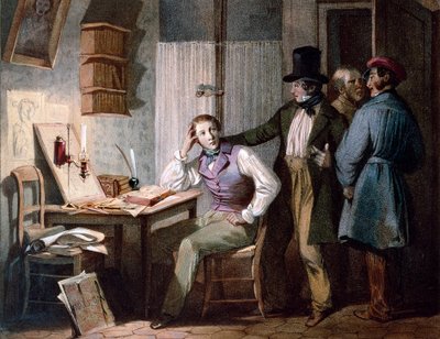 Studie. Een ijverige student aan zijn bureau blijft werken terwijl zijn vrienden uitgaan. Kleurgravure door Jules David (19e eeuw). Parijs, Musée Carnavalet door Jules David