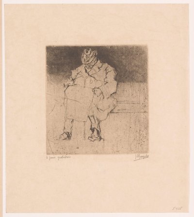 Bejaarde heer met wandelstok zit op een bank door Jules De Bruycker (signed by artist)