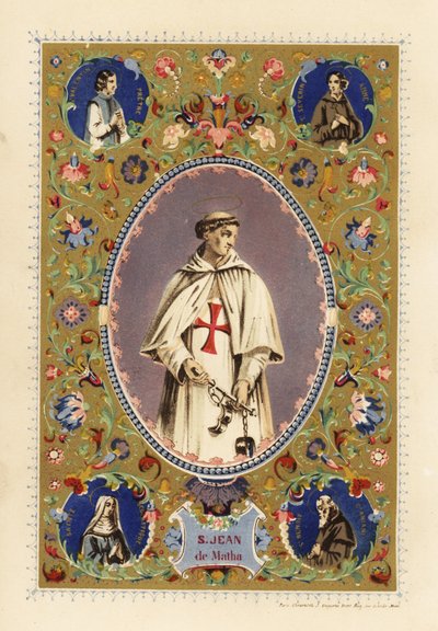 Portret van Sint Jan van Matha, oprichter van de Orde van de Allerheiligste Drie-eenheid, met halo, in kruisvaarderskleding, met kettingen van bevrijde christenen door Jules Desportes