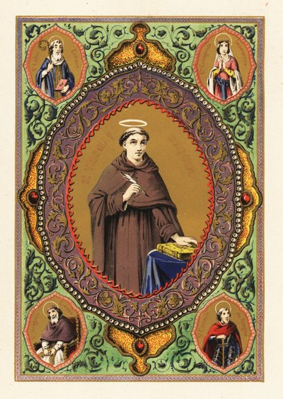 Portret van Sint Thomas van Aquino, met halo, ganzenveer en Bijbel, in een decoratieve rand van loof en goud door Jules Desportes