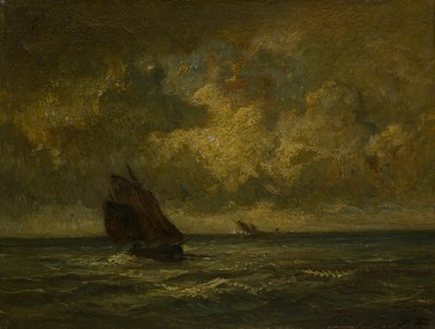 Twee boten in een storm door Jules Dupré