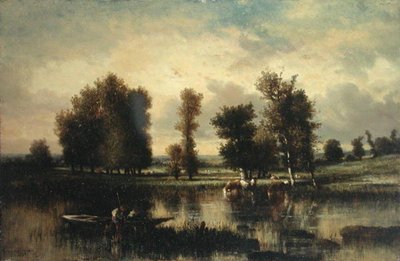 Boot aan de rand van de rivier door Jules Dupré