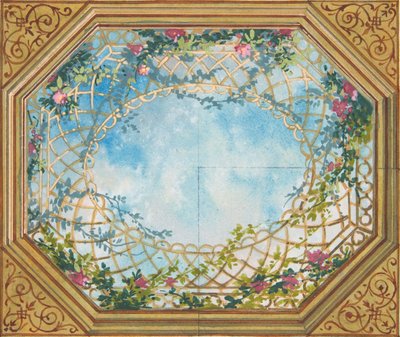 Ontwerp voor een plafond beschilderd met wolken, latwerk en rozen door Jules Edmond Charles Lachaise and Eugène Pierre Gourdet
