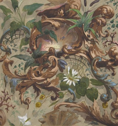 Ontwerp voor behang met schelpen, waterlelies en riet, 1830-97 door Jules Edmond Charles Lachaise and Eugène Pierre Gourdet