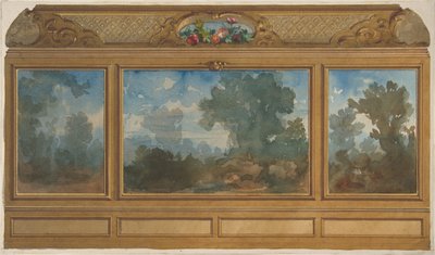 Verhoging van een gepaneeld interieur versierd met geschilderde landschappen en gewelven, 1830-97 door Jules Edmond Charles Lachaise and Eugène Pierre Gourdet
