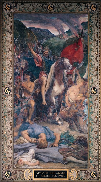 Attila (c.406-453) en zijn leger marcheren naar Parijs door Jules Elie Delaunay