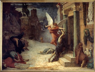De pest in Rome. Allegorische voorstelling van de bloem die door de deuren breekt. Schilderij door Jules Elie Delaunay (1828-1891) 1869. Dim. 1,31 x 1,76 m. Parijs, musee d