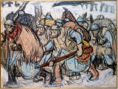 Eerste Wereldoorlog: Soldaten met een gasmasker door Jules Emile Zingg