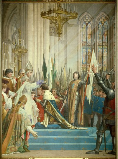 Koning Karel VII (1403-1461) ontving de kroon in de kathedraal van Reims op 17/07/1429 in aanwezigheid van Jeanne d