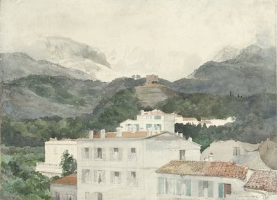 Landhuizen aan de voet van de bergen, hooggebergte in het verschiet, La Turbie door Jules Ferdinand Jacquemart