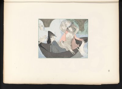 Twee vrouwenfiguren met vogels en een hond door Jules Germain