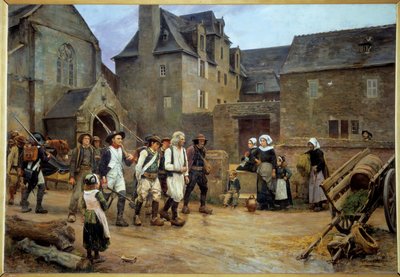 Franse Revolutie: Les revolts de Fouesnant. Weergave van de Nedelec-zaak, gekoppeld aan de installatie van het nieuwe gerechtelijke regime, Vrederechter Alain Nedelec weigert te zitten zonder een patent ondertekend door de hand van de koning. De onrust ein door Jules Girardet