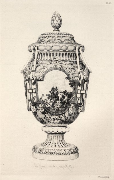 Geschiedenis van de keramische kunst: Een beschrijvende en filosofische studie van het aardewerk van alle tijden en alle naties: Frankrijk: Sèvres-zacht porselein-vaas ter herdenking van de slag bij Fontenoy (plaat XI) door Jules Jacquemart