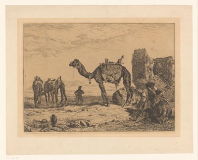 Landschap met kamelen bij ruïne door Jules Joseph Augustin Laurens (signed by artist)