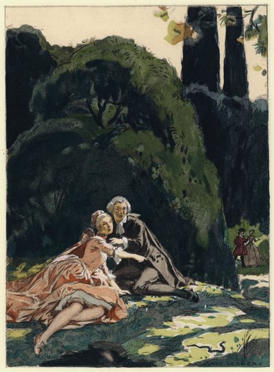 Illustratie voor memoires van Casanova (kleurenlitho) door Jules Marie Auguste Leroux