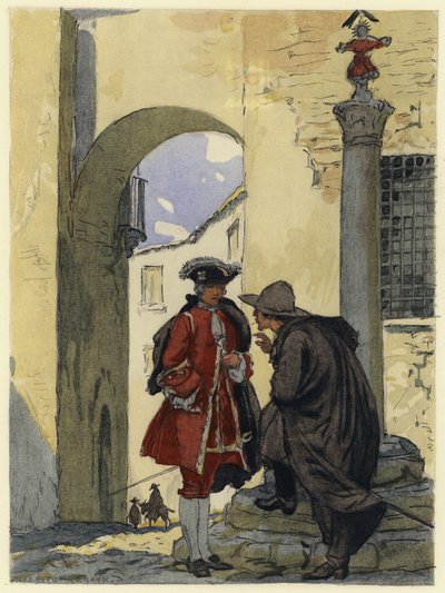 Illustratie voor memoires van Casanova (kleurenlitho) door Jules Marie Auguste Leroux