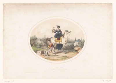 Edelvrouw met valk te paard door Jules Marie Desandre