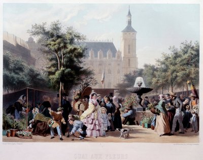 Uitzicht op de Quai aux Fleurs in Parijs De wandeling op het Ile de la Cité. Lithografie door Jules Marie Desandre (1845-?) 19e eeuw Parijs, Musee Carnavalet door Jules Marie Desandre