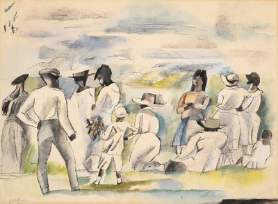 Zwarte met jongen die bloemen vasthoudt door Jules Pascin