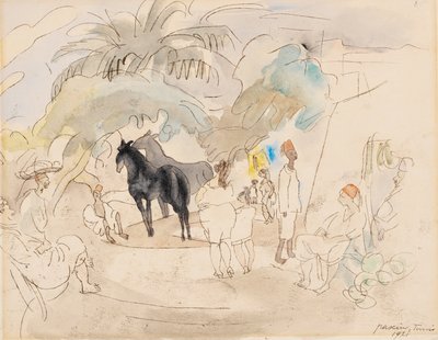 Figuurtjes en twee paarden in landschap door Jules Pascin