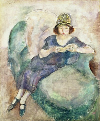 Meisje in blauw lezend op een sofa, 1926-27 door Jules Pascin