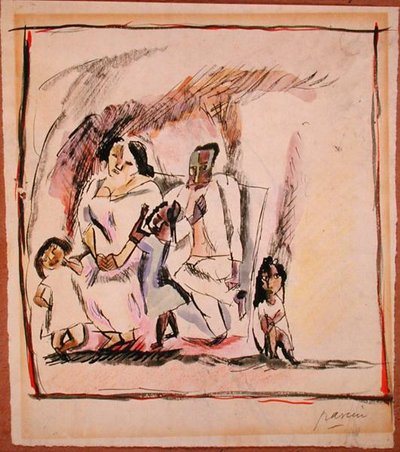 Moeder, vader en drie kinderen door Jules Pascin