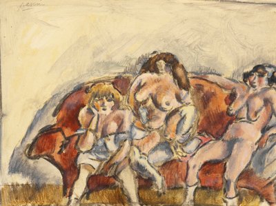 Drie vrouwen op een rode sofa door Jules Pascin