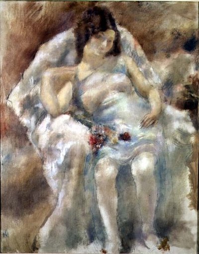 Jonge vrouw zittend met bloemen door Jules Pascin
