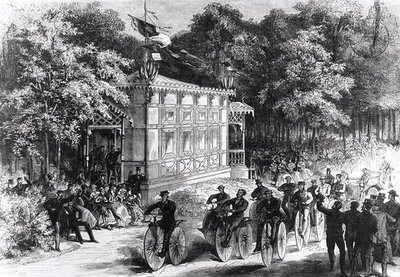 Een Velocipede Race bij Pré Catelan, ca.1860-70 door Jules Pelcoq