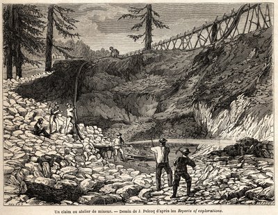 Een mijnbouwconcessie of werkplaats in Californië, tekening door Jules Pelcoq, ter illustratie van het verhaal van de reis van Baron de Wogan naar Californië in 1850-1852. Gravure in 