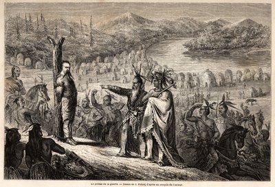 De oorlogspaal, de Baron van Wogan gevangen door de Indianen van de Timpabaches stam door Jules Pelcoq