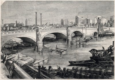Transformaties van Parijs onder het Tweede Keizerrijk, Haussmann Parijs: werken uitgevoerd voor de brug van de Alma in Parijs voor de doorgang van de verzamelriool op de bodem van de Seine. Tekening door Jules Pelcoq. Gravure in 