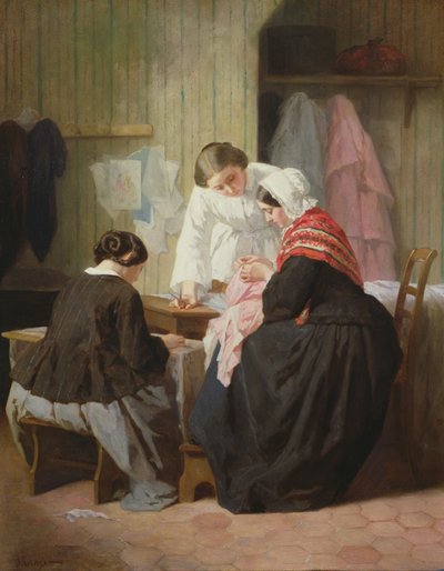 Dames aan het naaien door Jules Trayer