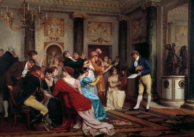 Romantiek is in de mode Lezen van een toneelstuk in een Parijse salon. (Salon Littéraire) Schilderij door Jules Worms (1832-1914) 19e eeuw Parijs, Palais du Luxembourg door Jules Worms