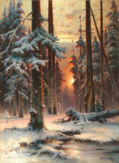 Winterzonsondergang in het sparrenbos door Juli Julievich Klever