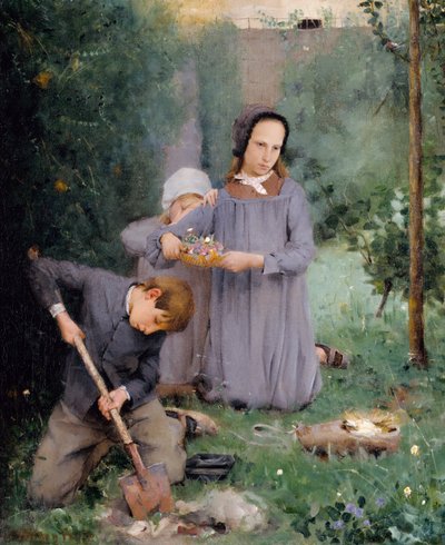 Kinderen Begraven een Vogel, 1878 door Julian Alden Weir