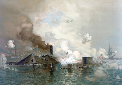 De Monitor en Merrimac, 9 maart 1862, uitgegeven 1886 door Julian Oliver Davidson