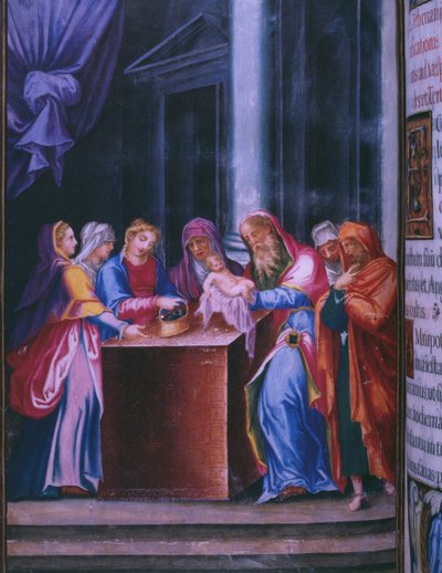 Presentatie in de Tempel, uit een facsimile van het Brevier van Koning Filips II van Spanje, 1569 door Julian and Leon, Andres de Fuente del Saz