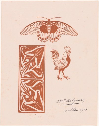 Vlinder, haan en bladwerk door Julie de Graag (signed by artist)