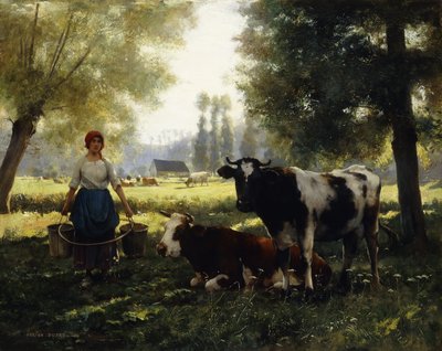 Een melkmeid met haar koeien op een zomerdag door Julien Dupre
