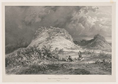 Ruïnes van het kasteel van Artns bij Le Huelgoet, Bretagne, 1845-1846 door Julien Louis Jacottet
