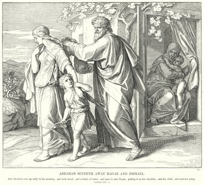 Abraham Zendt Hagar en Ismaël Weg (gravure) door Julius (after) Schnorr von Carolsfeld
