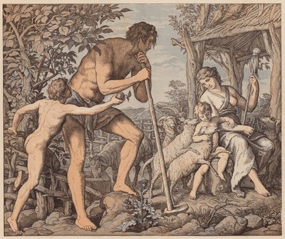Adam en Eva na de Val, Genesis, III door Julius (after) Schnorr von Carolsfeld