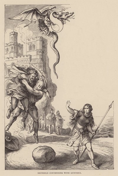 Brunhild strijdend met Gunther door Julius (after) Schnorr von Carolsfeld