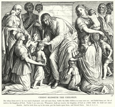 Christus Zegent de Kinderen (gravure) door Julius (after) Schnorr von Carolsfeld