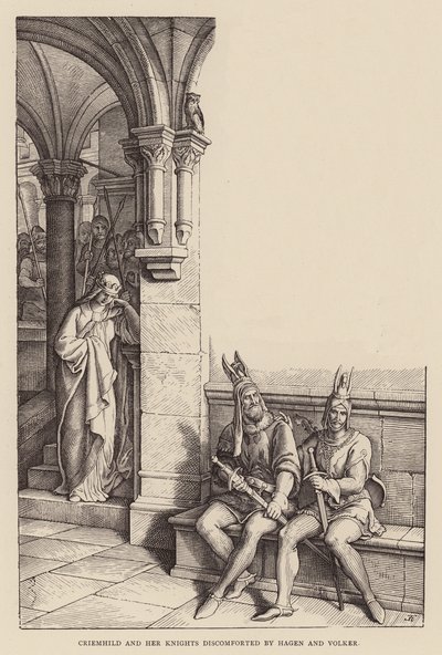 Criemhild en haar ridders verslagen door Hagen en Volker (gravure) door Julius (after) Schnorr von Carolsfeld