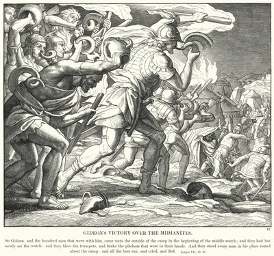 Gideons Overwinning op de Midianieten (gravure) door Julius (after) Schnorr von Carolsfeld