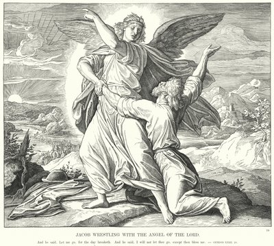 Jakob Worstelt met de Engel des Heren (gravure) door Julius (after) Schnorr von Carolsfeld