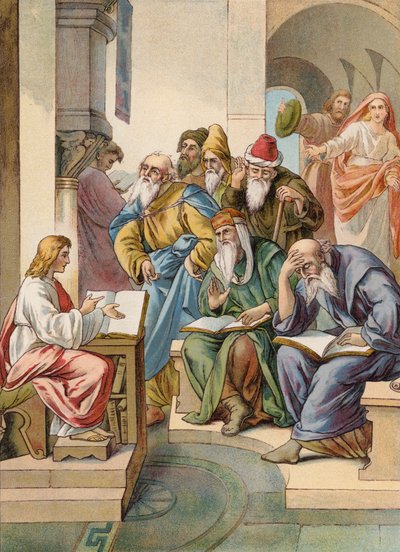 Jezus met de oudsten in de tempel (kleur litho) door Julius (after) Schnorr von Carolsfeld