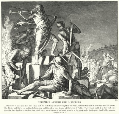 Nehemia bewapent de arbeiders door Julius (after) Schnorr von Carolsfeld